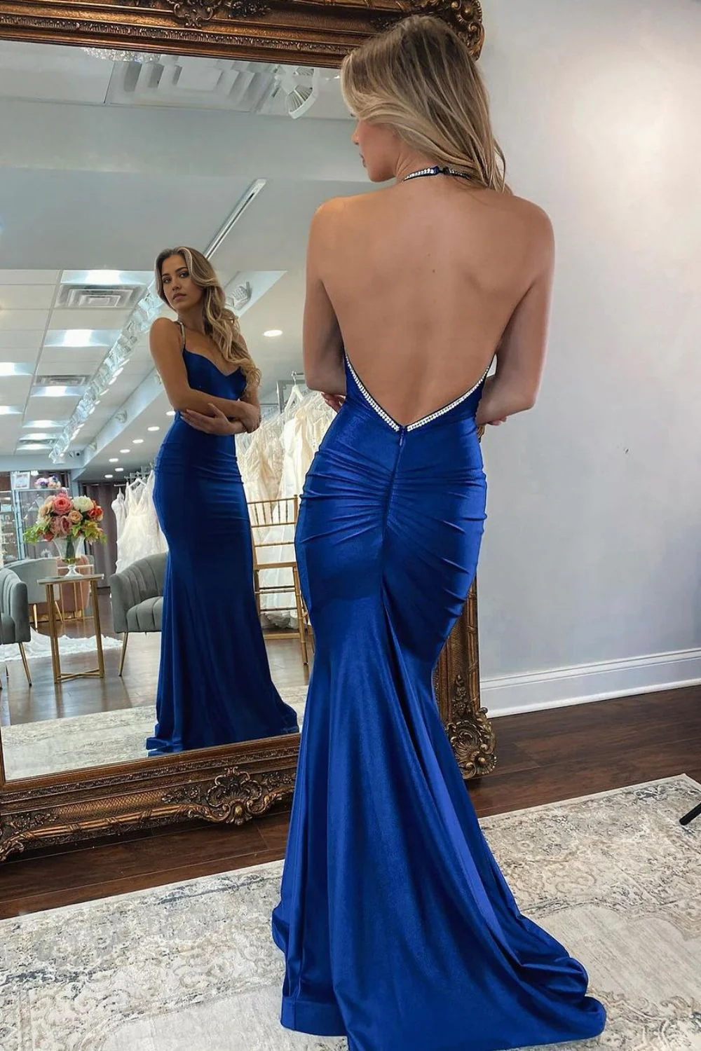 Royal Blue satin evening gown, mermaid silhouette.