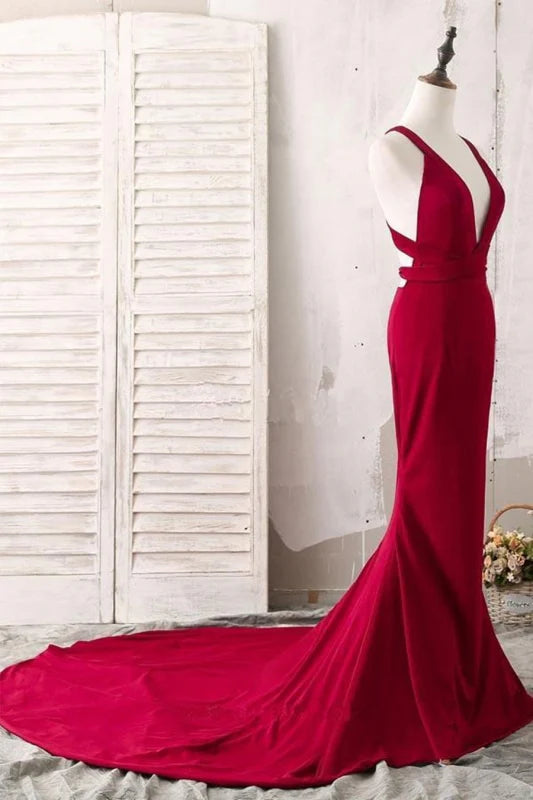 Front view of sleeveless V-neck mermaid dress in sweep satin.