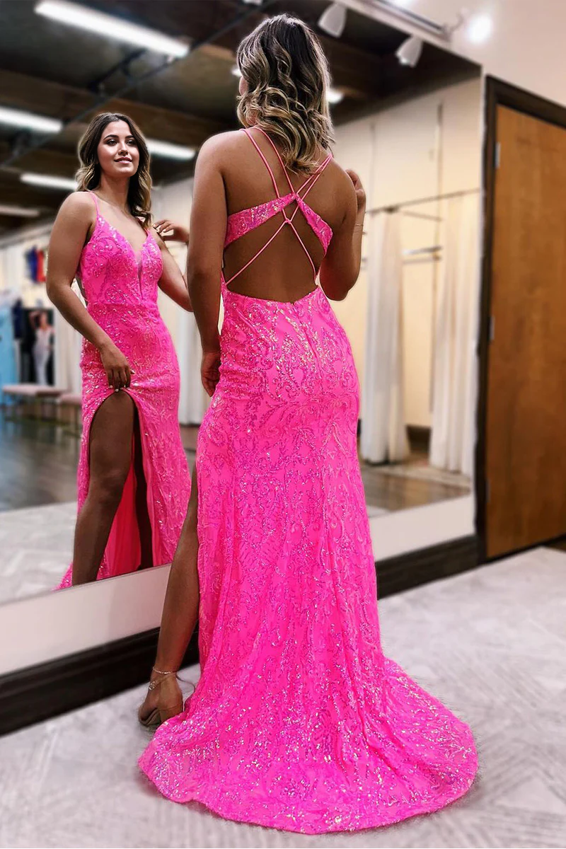 Front view of a pink sequin mermaid prom dress with V-neck and high slit.