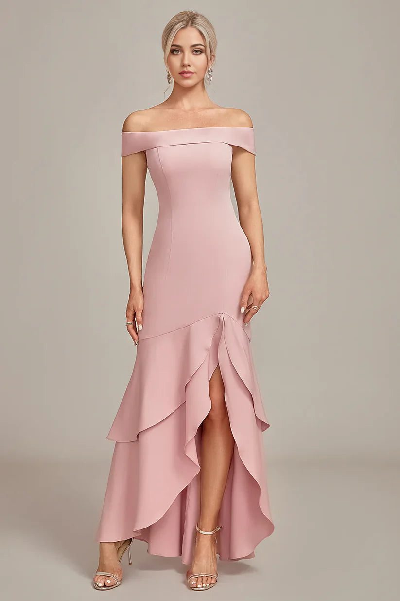 Elegant mermaid mother of the bride dress with V-neck and asymmetrical ruffles.