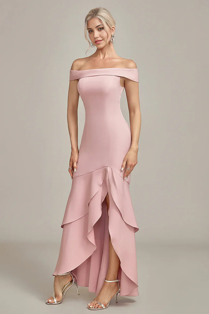 Side profile of the V-neck mermaid dress with ruffled details.