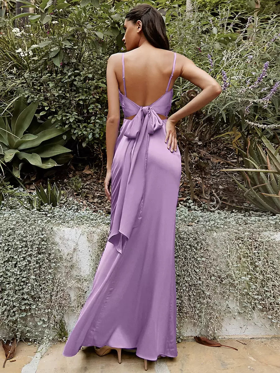 Back view of a mermaid V-neck satin formal dress, showcasing the zipper.