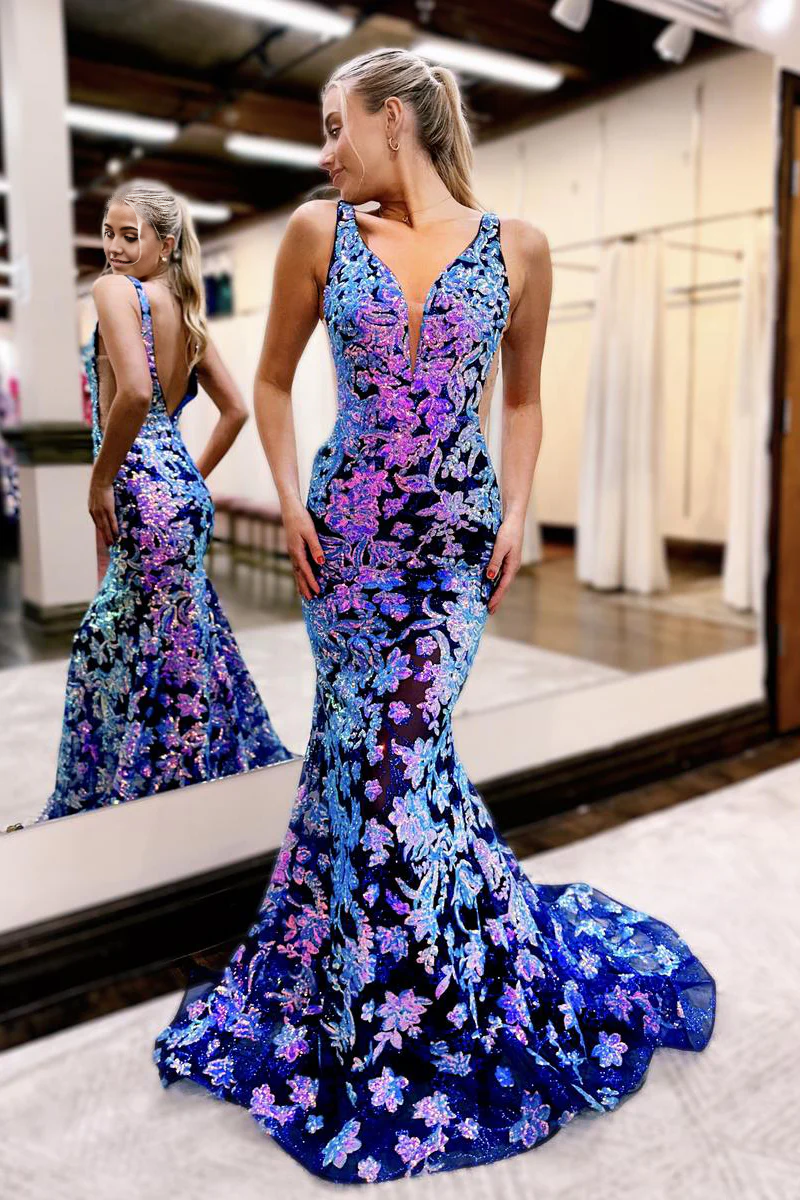 Elegant mermaid V-neck prom dress with sequin and lace details.