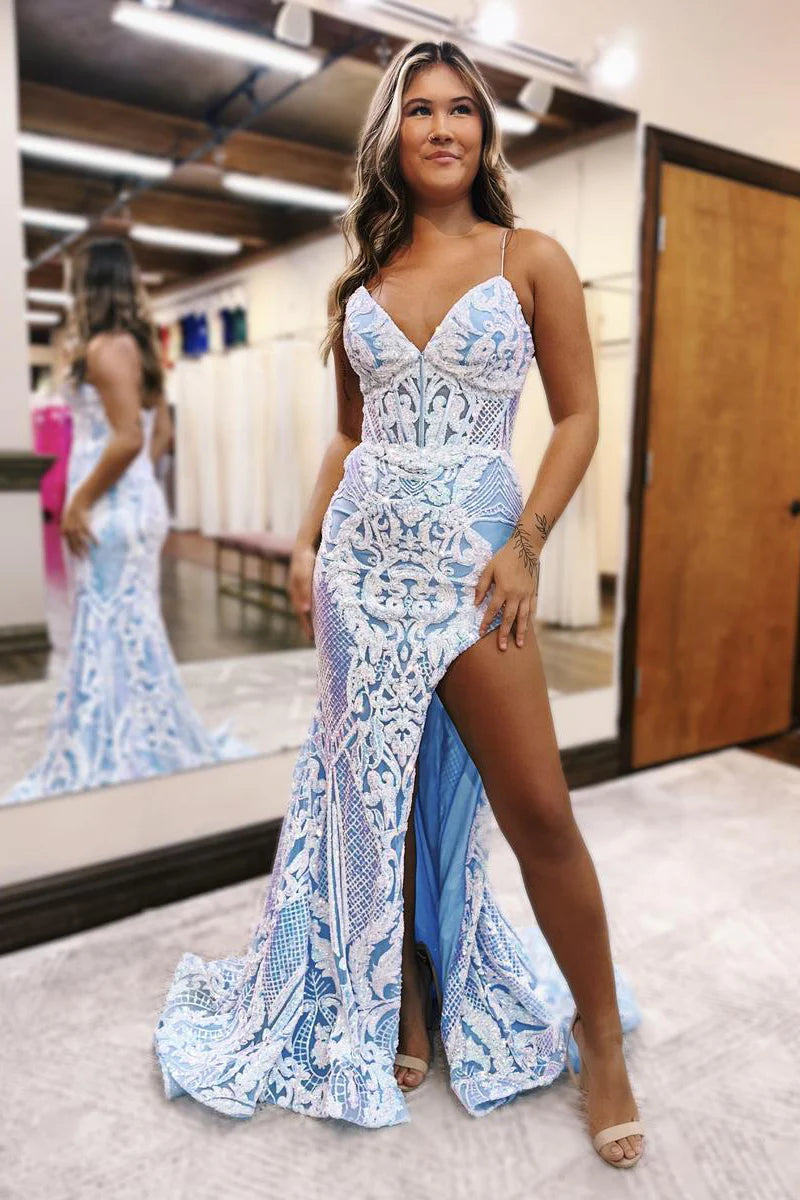 Close-up of the sequin and lace detail on a mermaid prom dress.