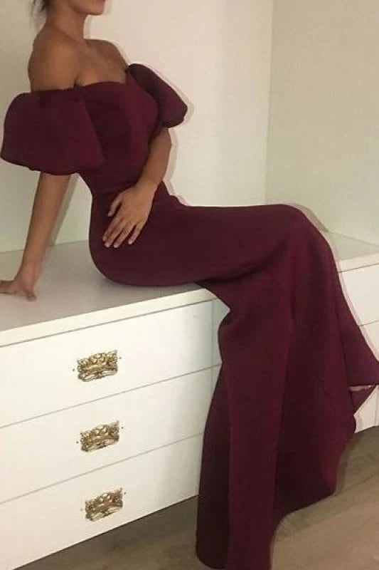 Elegant mermaid prom dress with short puffy sleeves and a V-neckline.