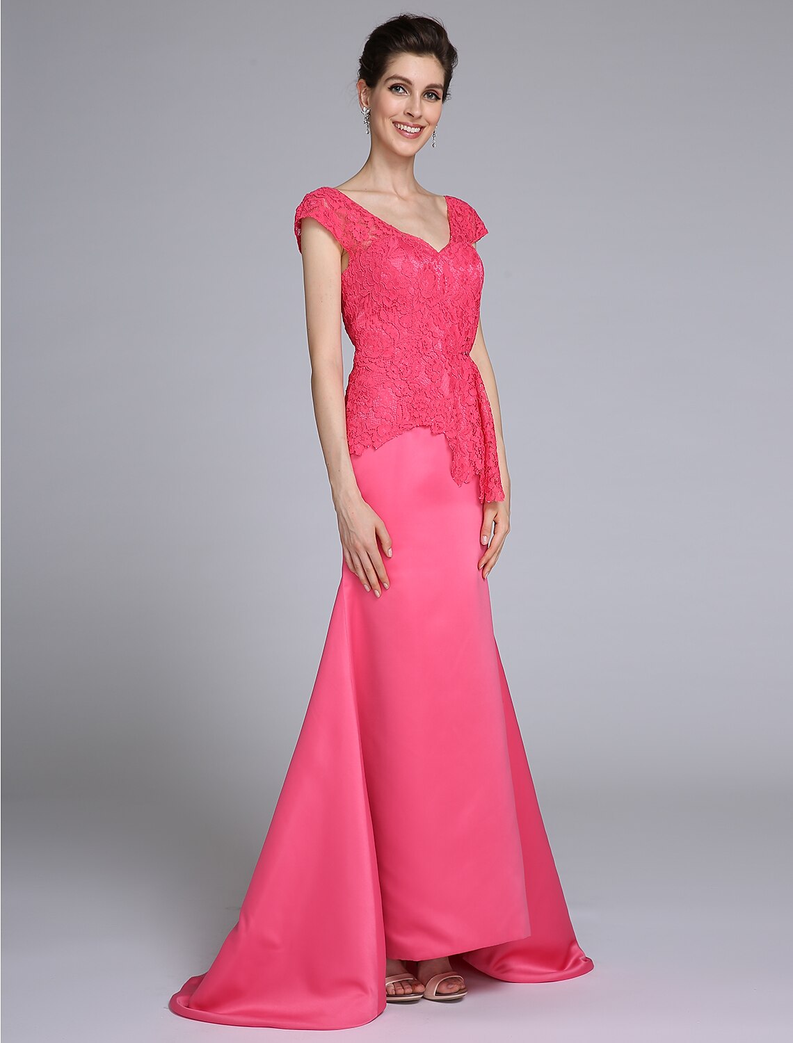 Elegant mermaid mother of the bride dress with V-neck and lace details.