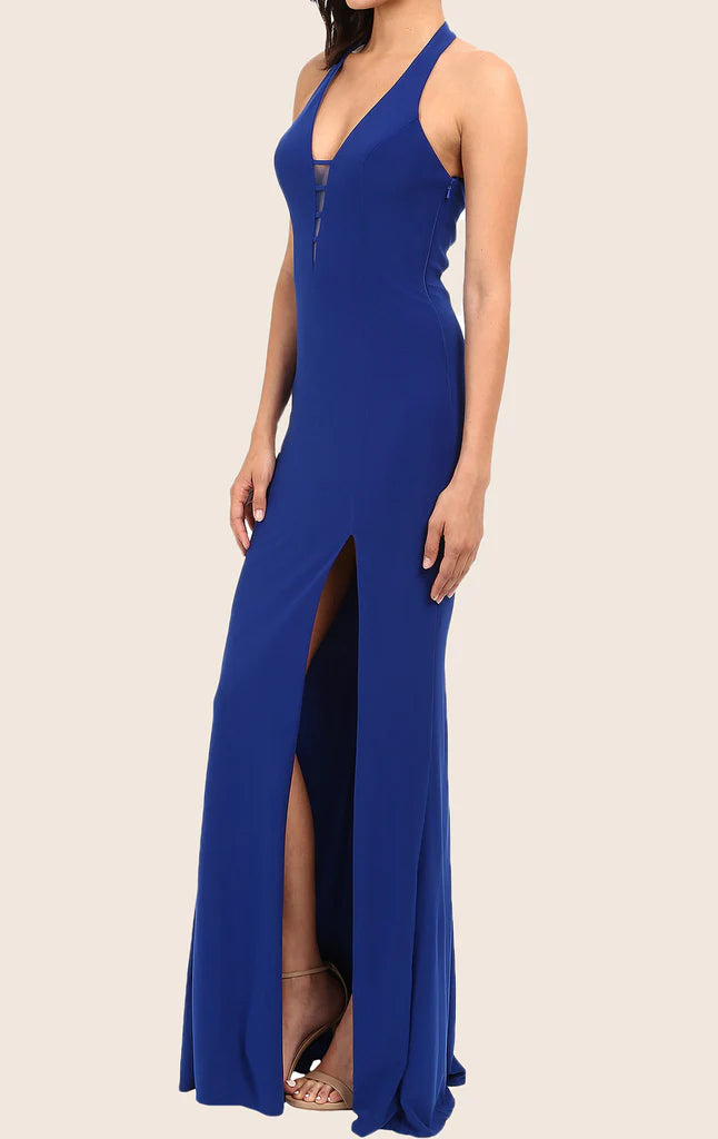 Side profile of the long V-neck prom dress.