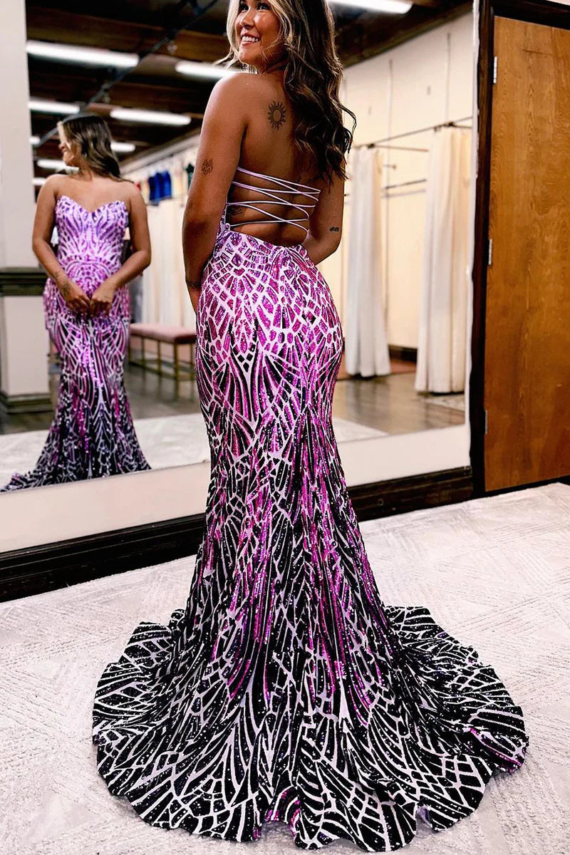 Back view of the V-neck sleeveless sequin gown.