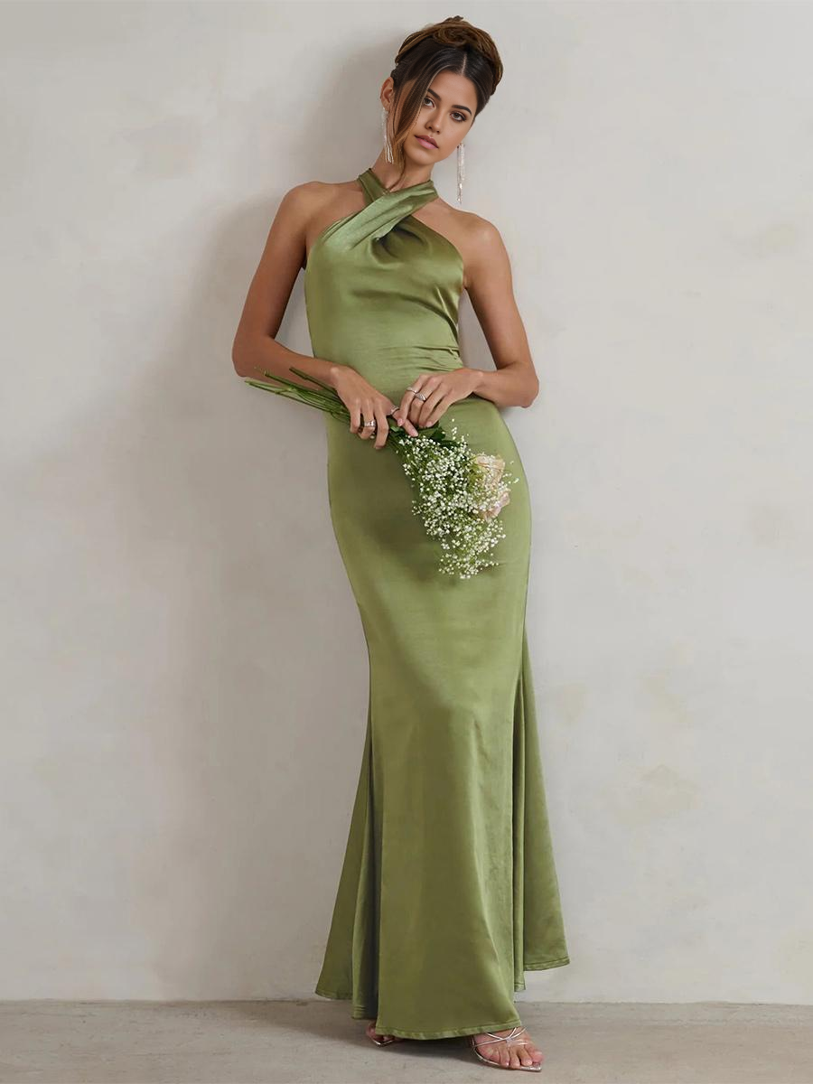 Elegant mermaid satin bridesmaid dress with V-neckline.