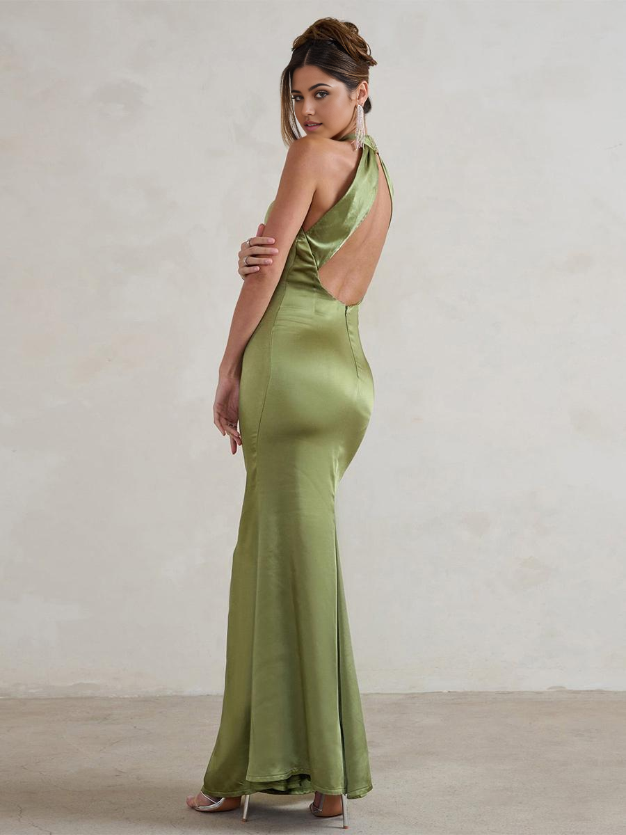 Back view of a floor-length satin formal gown with zipper.