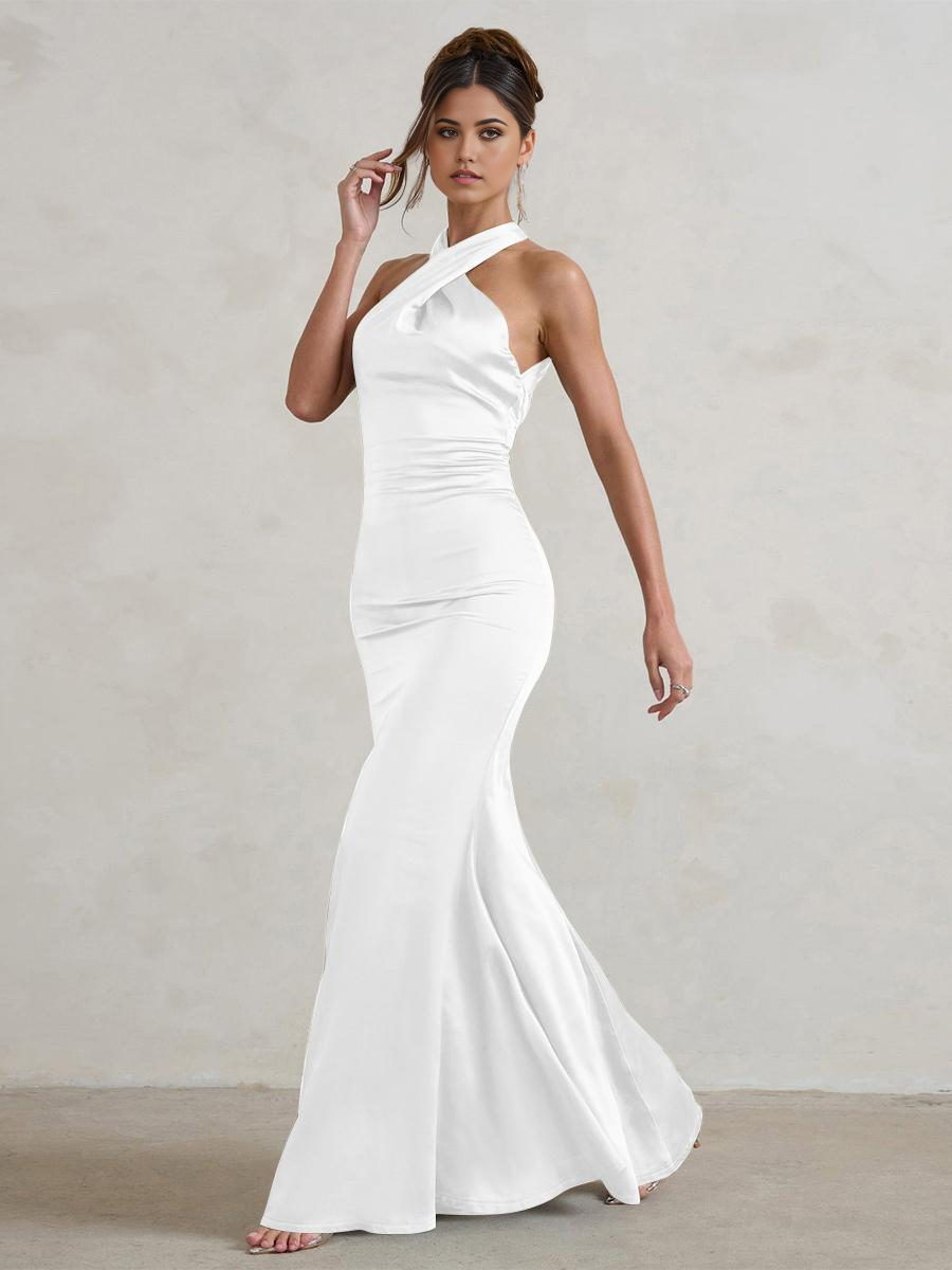 Close-up of the satin fabric and V-neck detail.