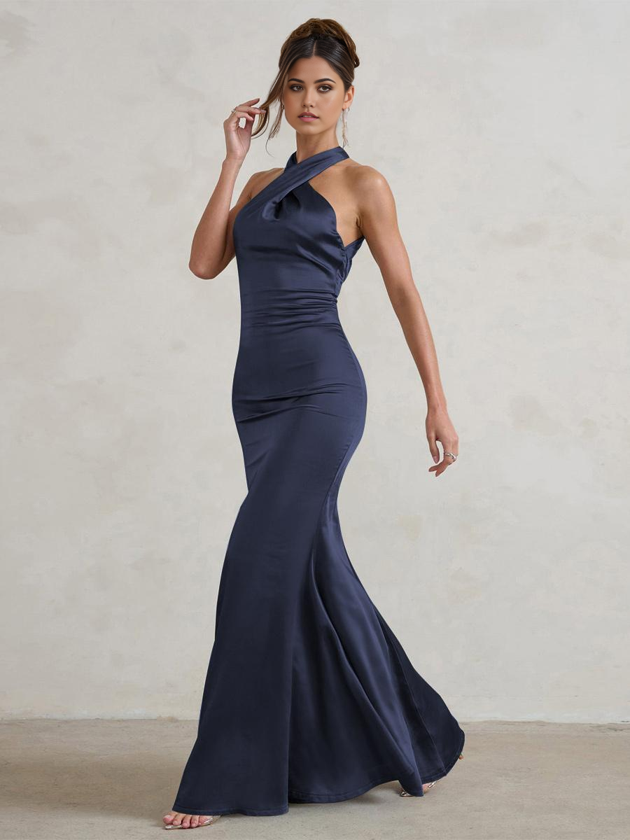 Full view of a formal wedding party dress.
