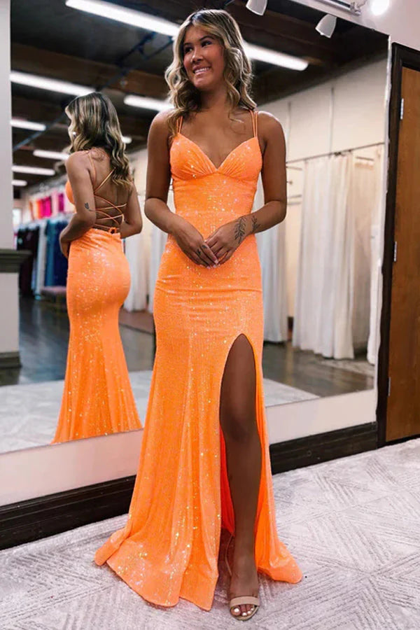 Back view of the fitted mermaid sequined long prom dress.