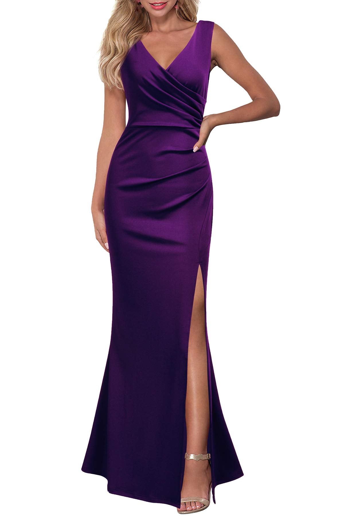 Elegant mermaid V-neck sleeveless gown with a split, in dark blue.