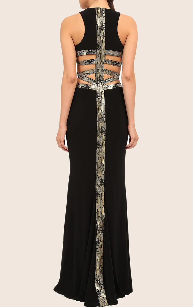 Back view of the long formal mermaid evening gown.