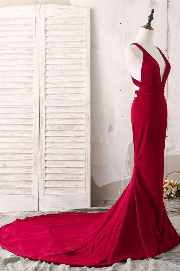 Mermaid V-neck evening dress, full length view.