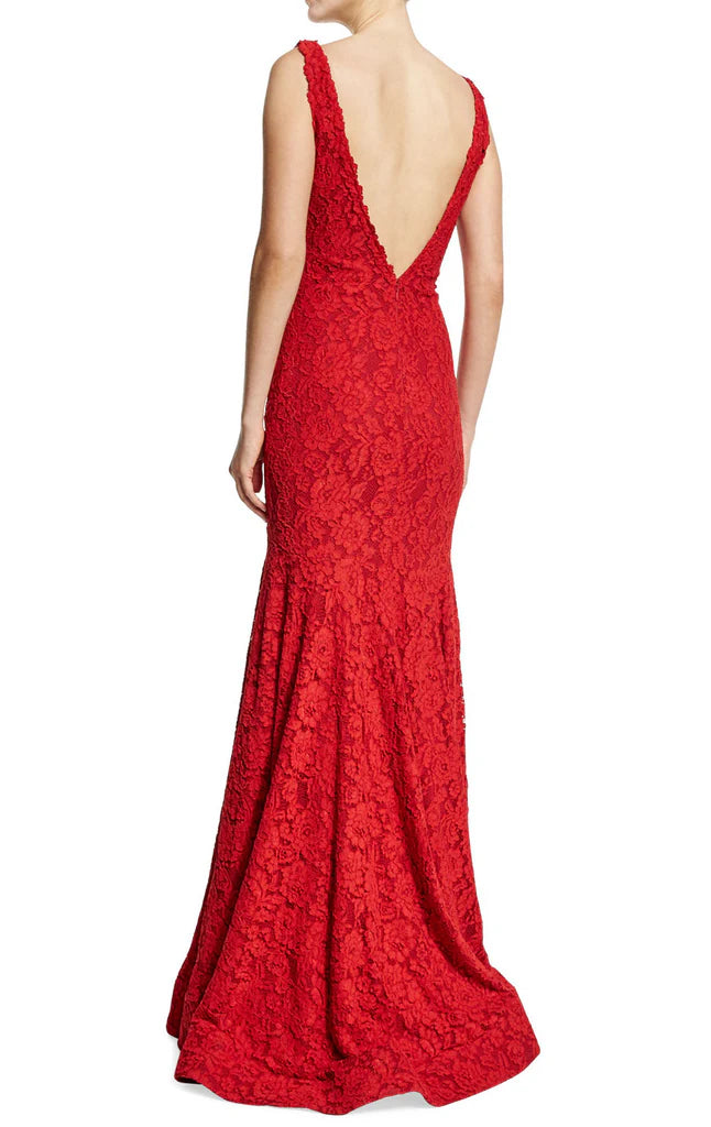 Full-length view of the mermaid V-neck lace evening gown, perfect for formal events.