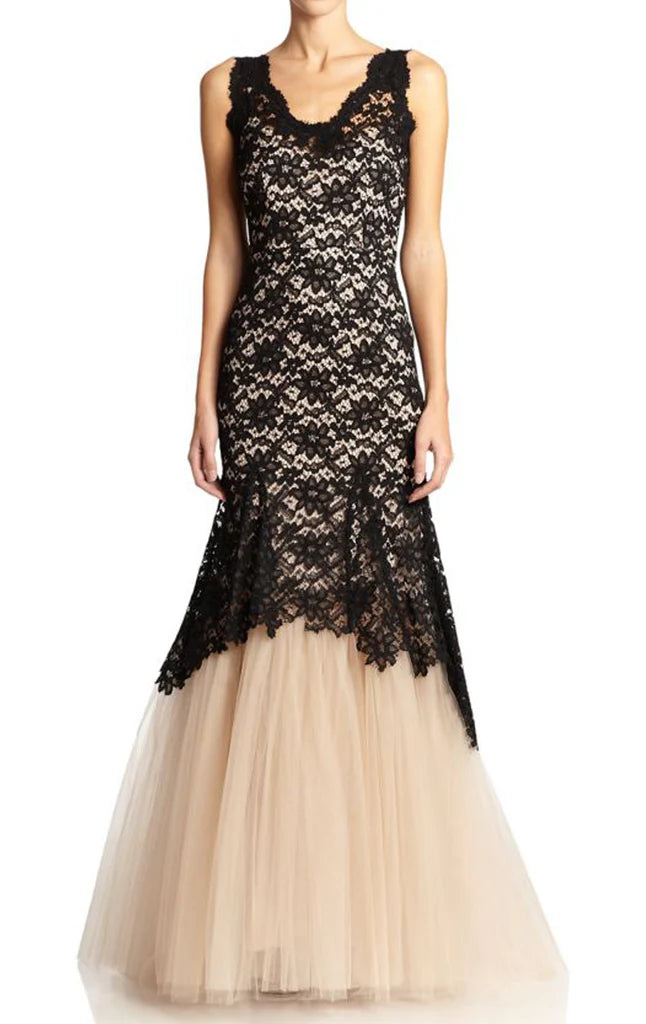 Elegant two-tone mermaid prom dress with V-neck and lace details.
