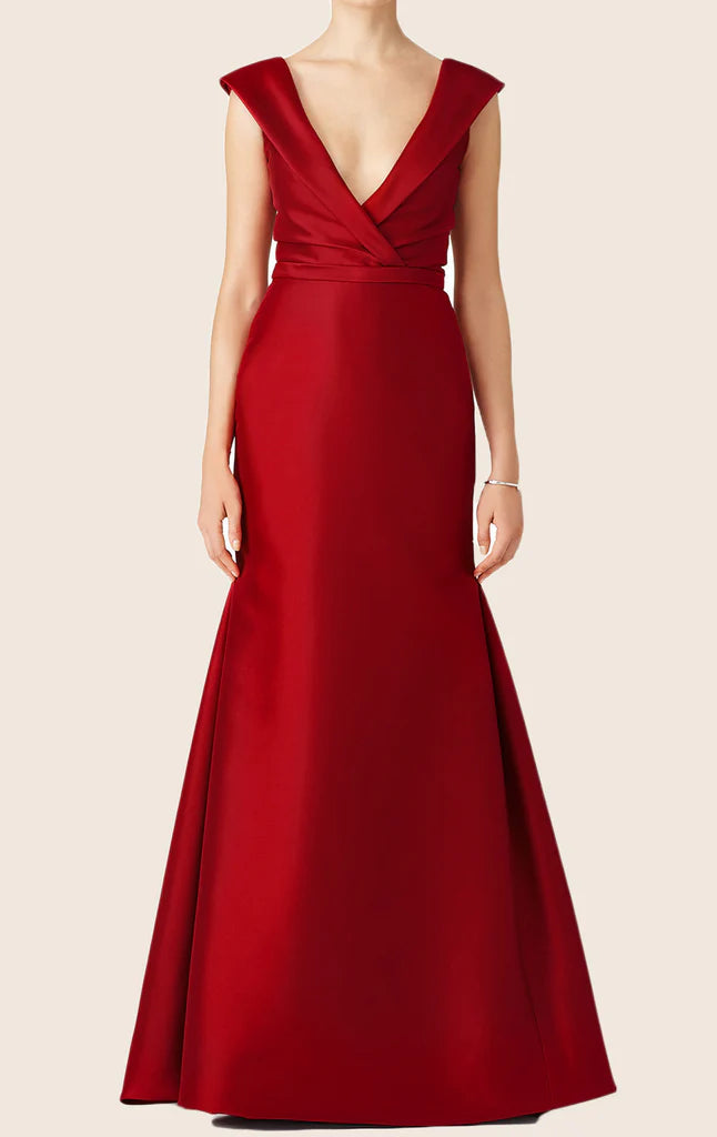 Elegant mermaid V-neck satin gown with spaghetti straps, front view.