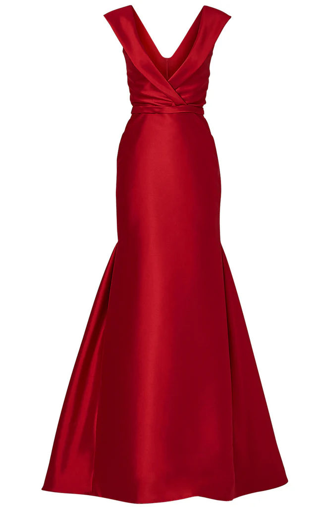 Back view of a mermaid V-neck satin evening gown with delicate straps.