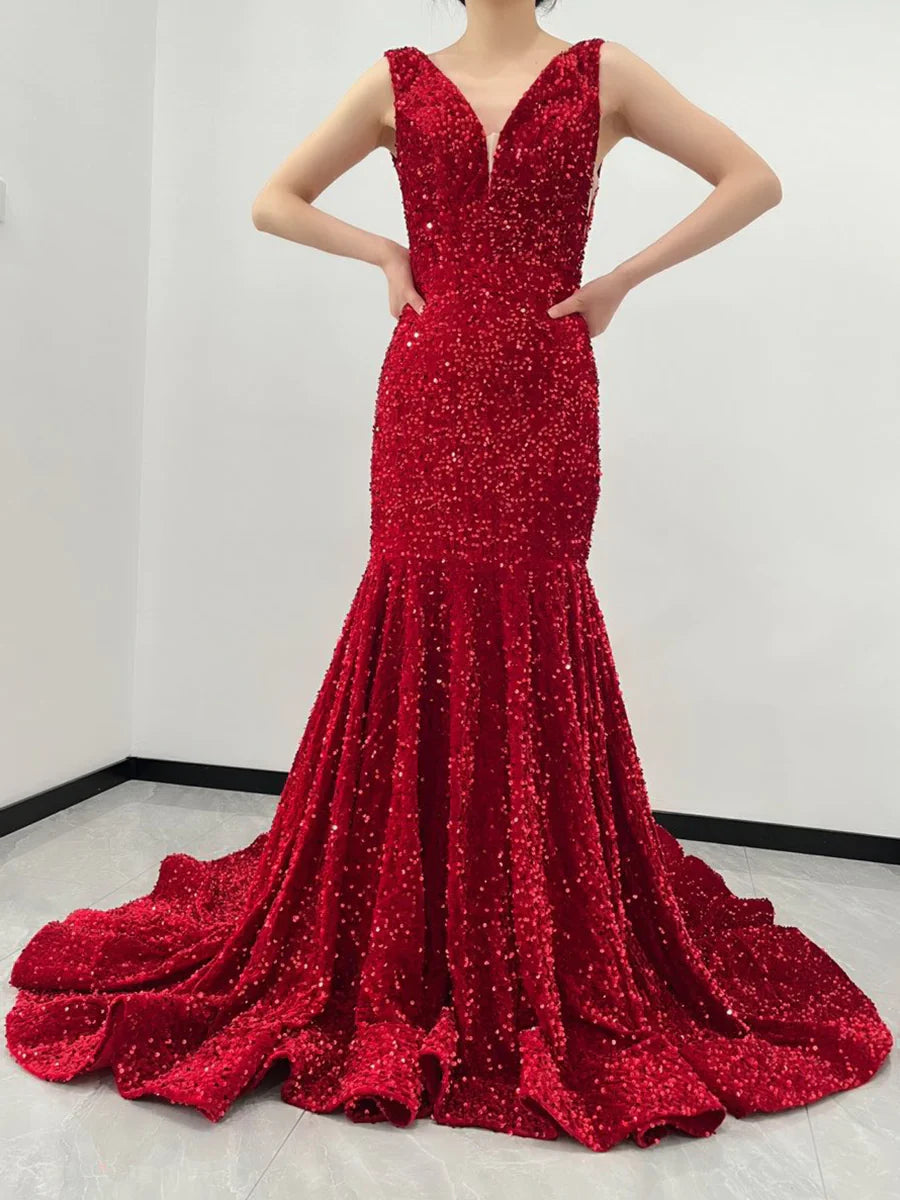 Red velvet sequin mermaid prom dress with delicate straps.