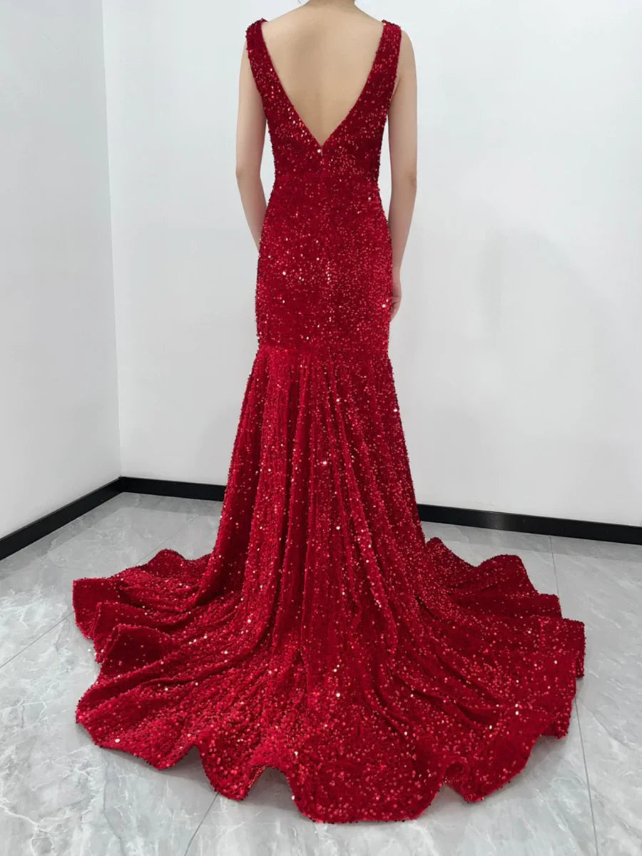 Red velvet sequin mermaid prom dress featuring a V-neckline.