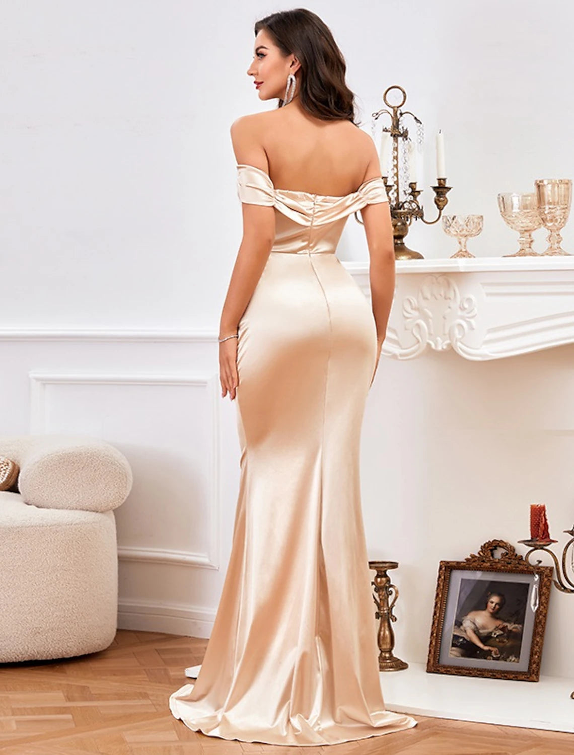 Full view of the off-shoulder satin prom dress.