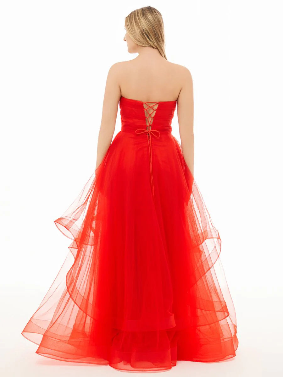 Back view of the floor-length strapless ball gown.