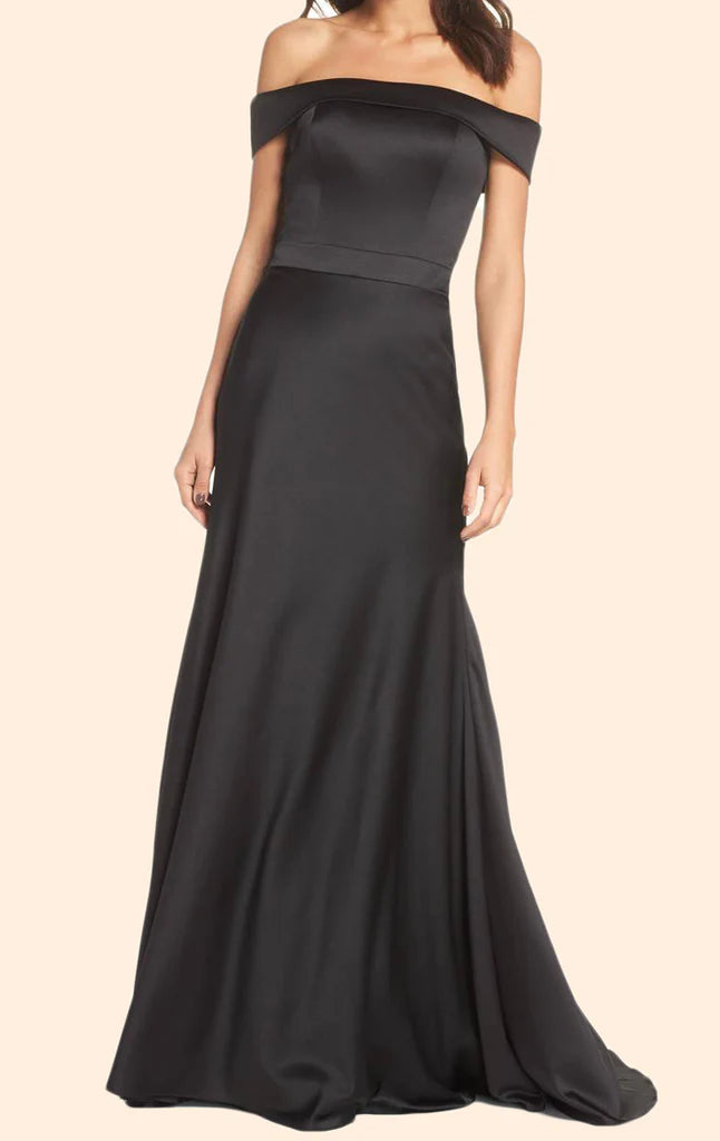 Elegant off-shoulder sheath satin long prom dress on a model.