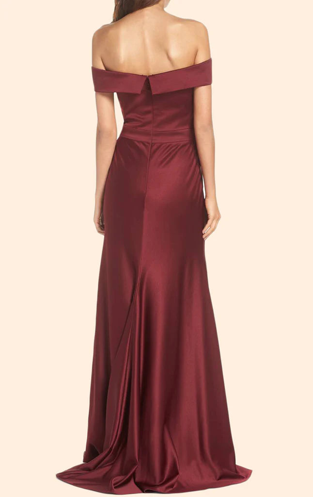 Back view of the off-shoulder satin long formal dress.