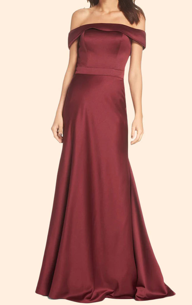 Side view of the sheath satin off-shoulder ankle-length gown.