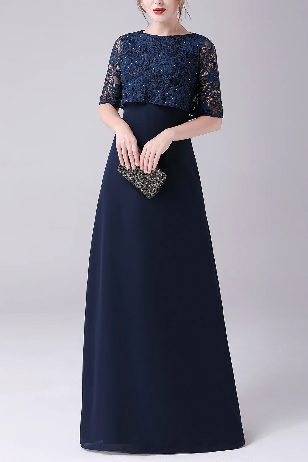 Navy A-line Mother of the Bride dress, front view.