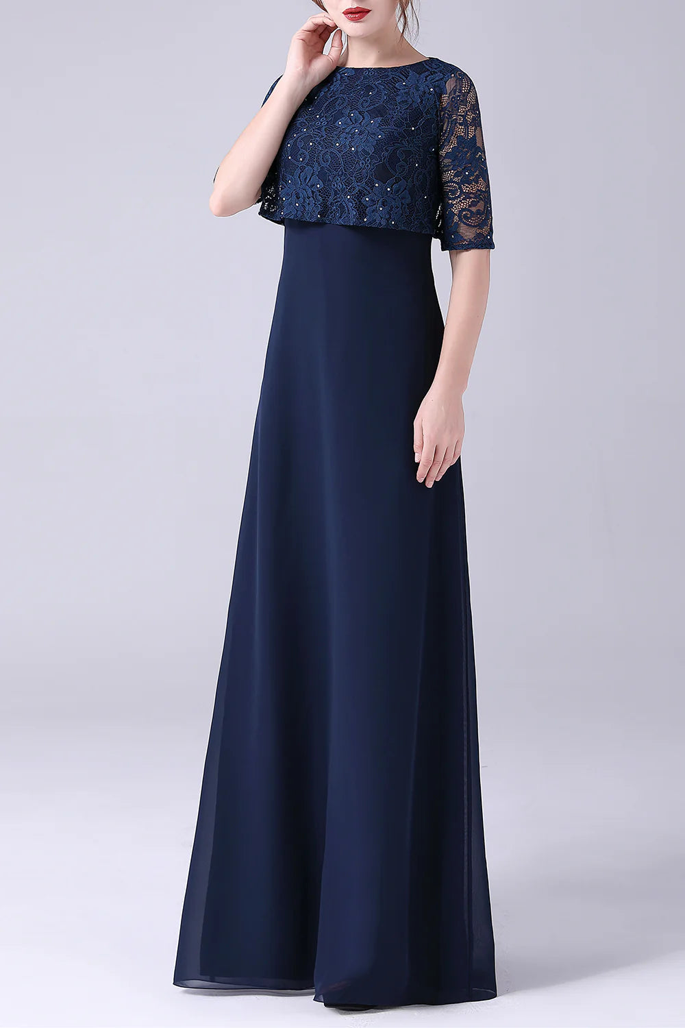 Back view of the navy A-line floor-length dress.