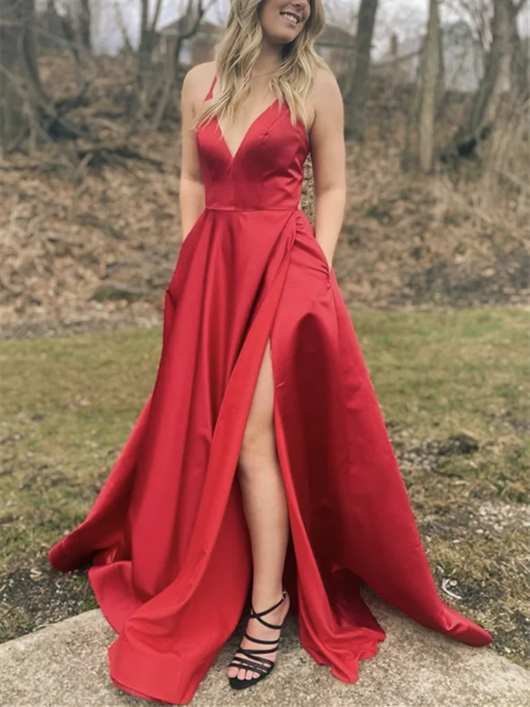 Elegant navy blue A-line V-neck satin long prom dress with a high leg slit.