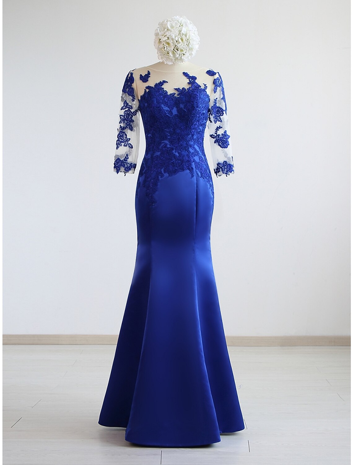 Elegant navy blue mermaid trumpet gown with half sleeves and illusion neckline.