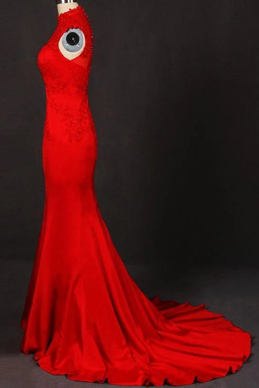 Full length view of navy high neck formal dress for women.