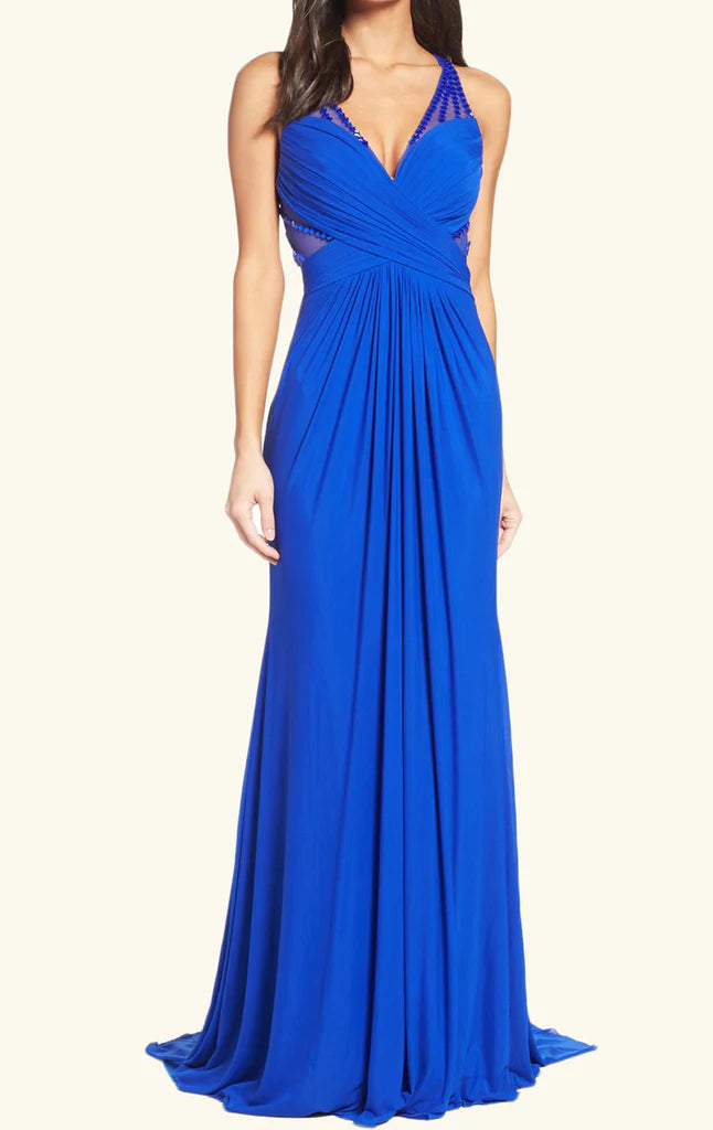 Elegant navy sheath V-neck sleeveless ankle-length prom gown.