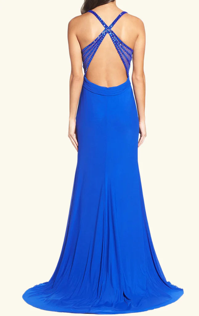 Navy sheath V-neck formal dress, showcasing its sleek silhouette.