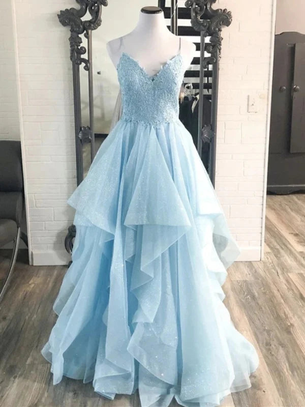 Elegant navy shiny V-neck lace long prom gown.