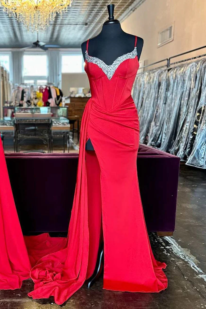 Elegant blue neck strap long formal gown on a model.