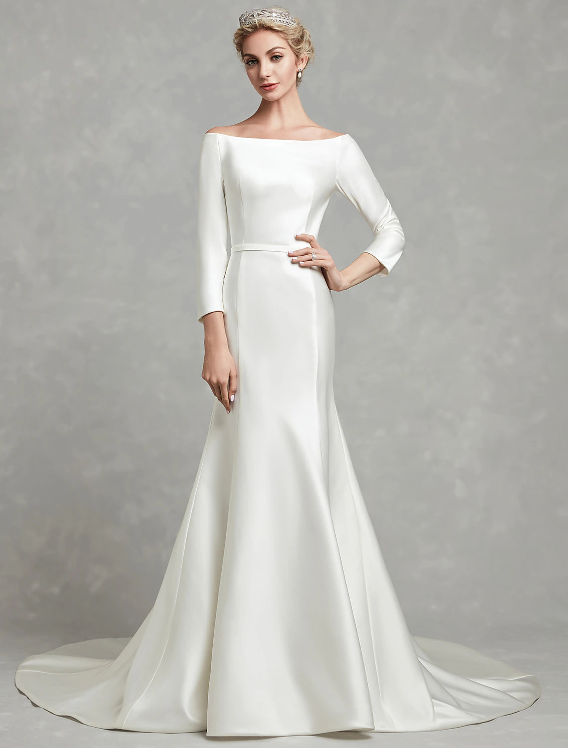 Mermaid trumpet wedding dress with off-shoulder 3/4 sleeves and pleats.