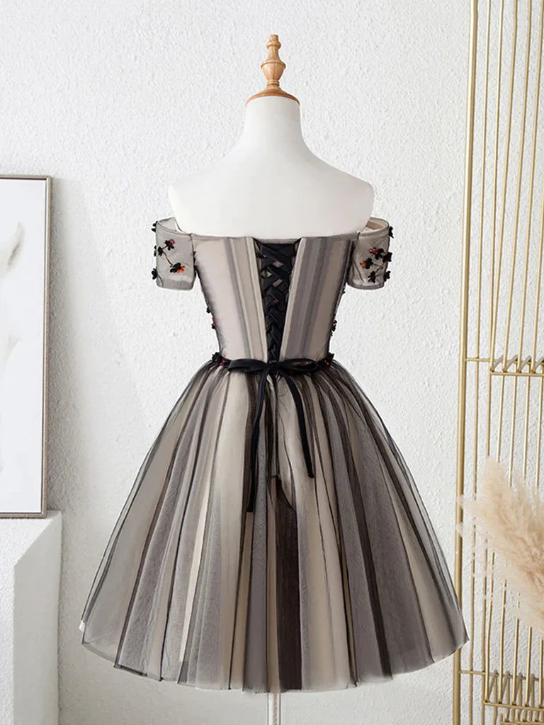 Back view of the off-shoulder short floral tulle prom dress.