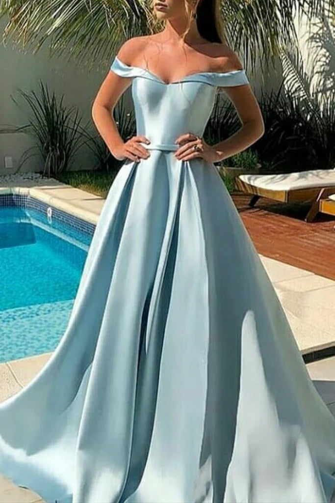 Elegant off-shoulder A-line formal maxi gown.