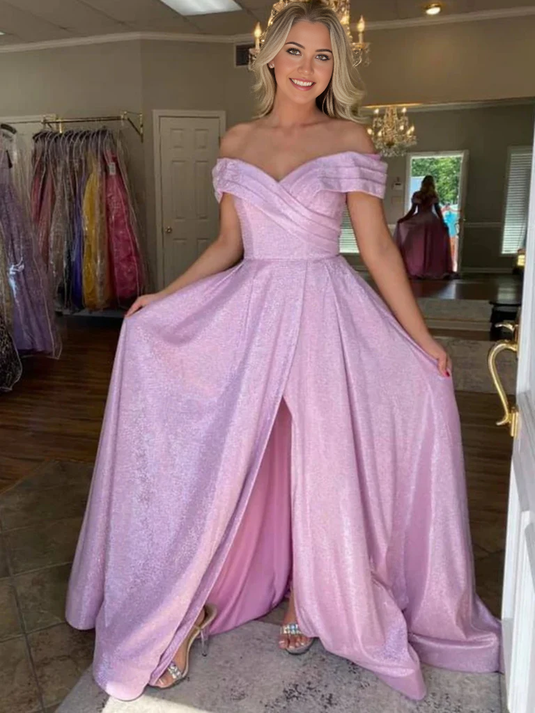 Elegant off-shoulder A-line long prom dress with a leg slit.