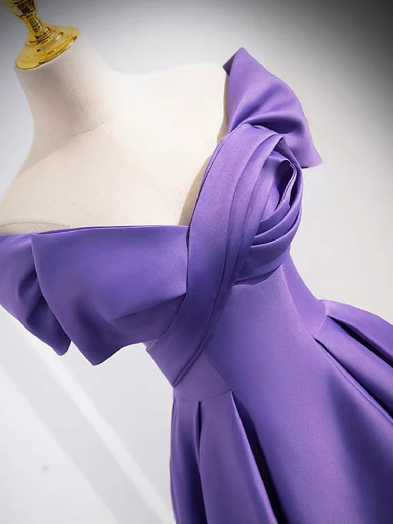 Side view of an elegant off-shoulder satin A-line long prom dress.