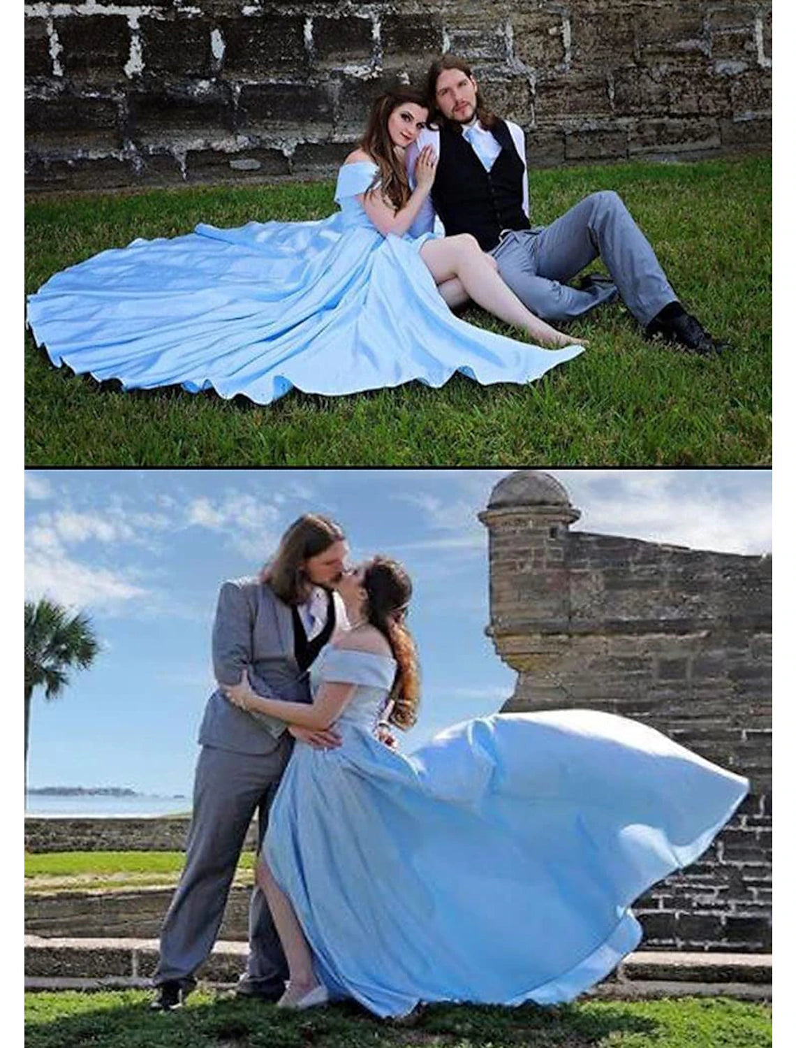 Woman wearing an elegant off-shoulder A-line satin prom dress with a high slit and pockets.