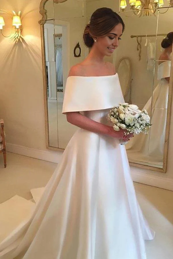 Elegant A-line off-shoulder satin wedding dress with ruffle detail and sweep train.