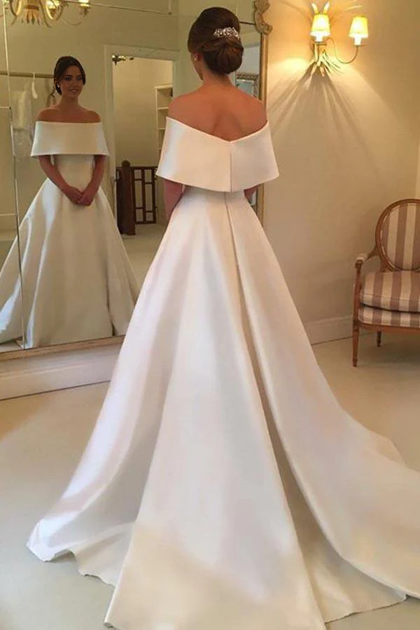 Back view of the A-line off-shoulder satin wedding dress, showcasing the sweep train.