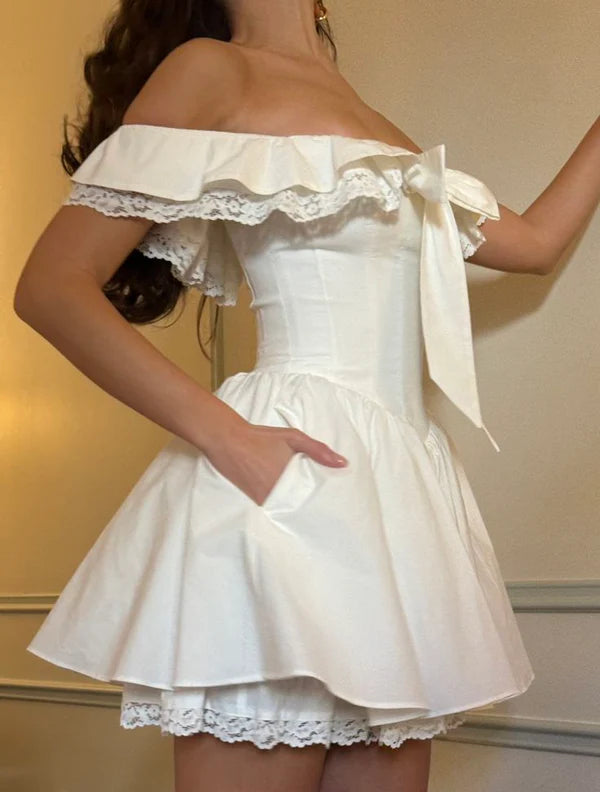 White lace off-shoulder mini dress with A-line skirt.