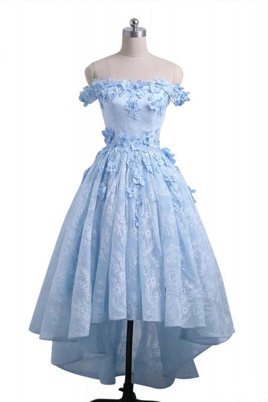 Sky blue off-shoulder A-line high-low lace dress with floral details.